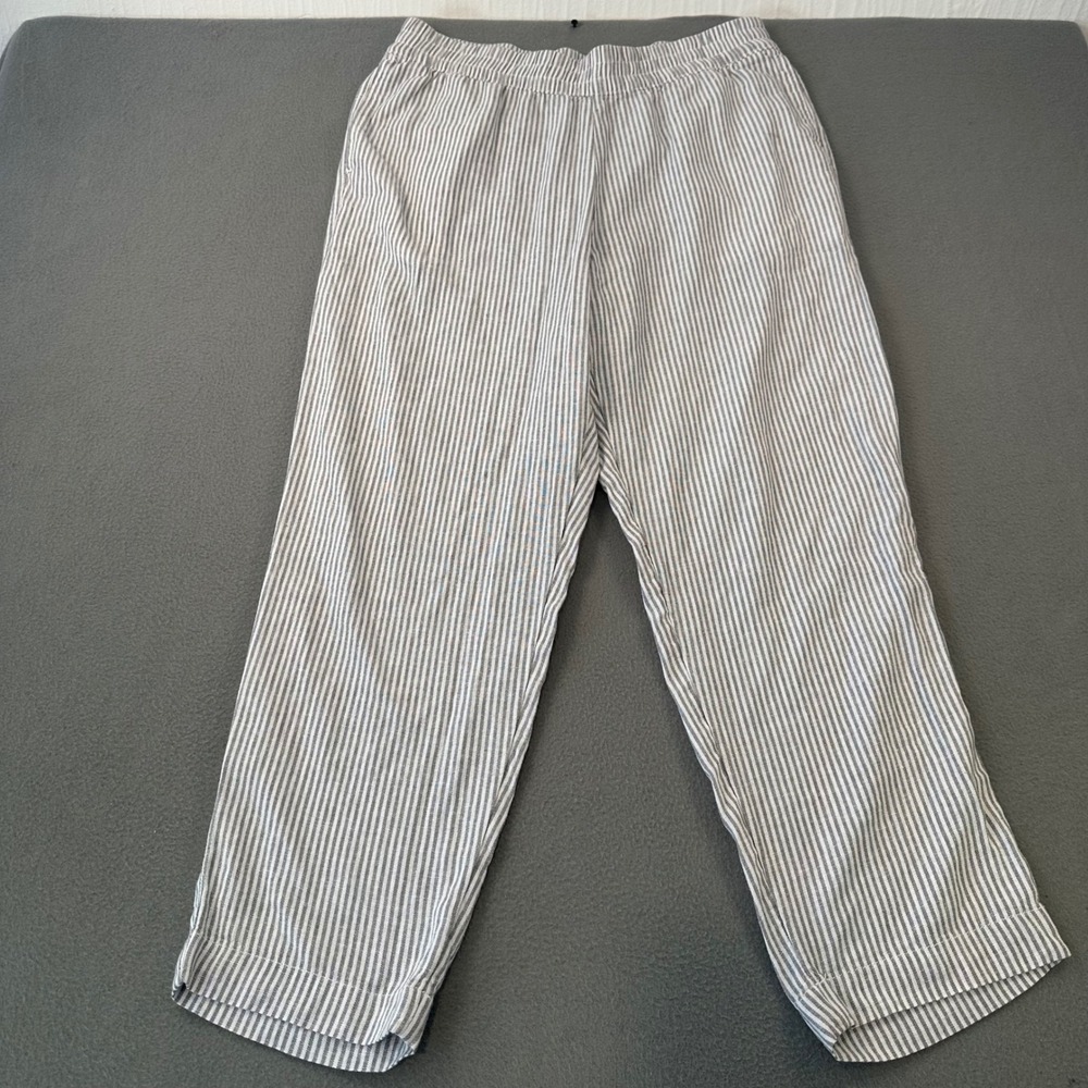 Old Navy High-Rise Straight Linen Blend Striped Pants Grey White Large